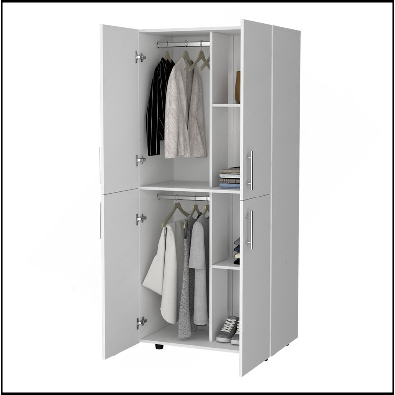 Armoire Hazel en mélamine avec 2 portes, 4 tablettes et 2 barres à vêtements, Blanc