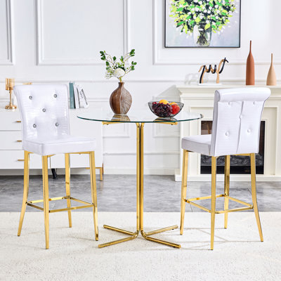 Modern Round Kitchen Island Set 36 x 36 in Glass, PU Leather 3 Piece Set White and Gold