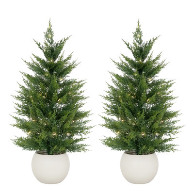 Artificial Cedar Topiary Tree 2-Pack with LED Lights & White Pot, Faux Potted Plants for Indoor Outdoor Décor