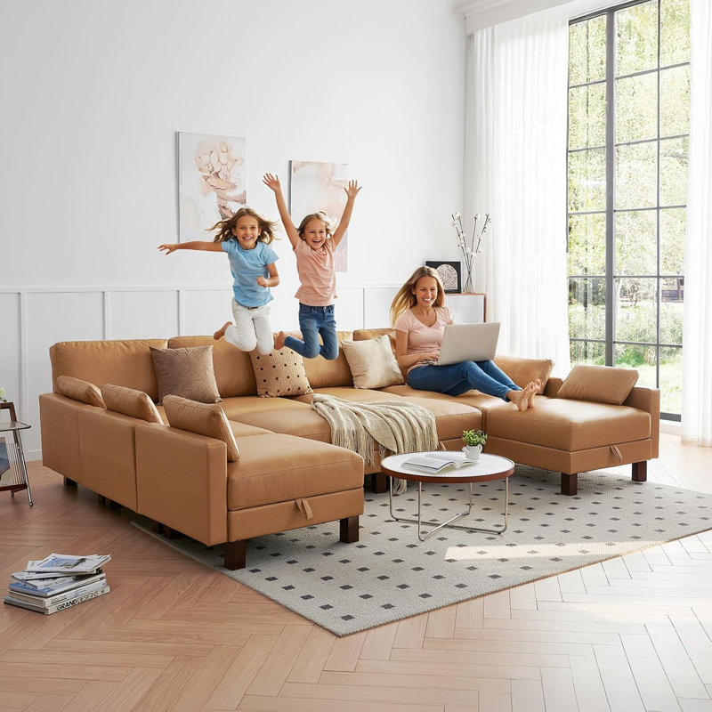 Canapé modulaire en U avec rangement, canapé 10 places en similicuir, grand canapé confortable, grand canapé pour grand espace, maison, bureau, brun clair