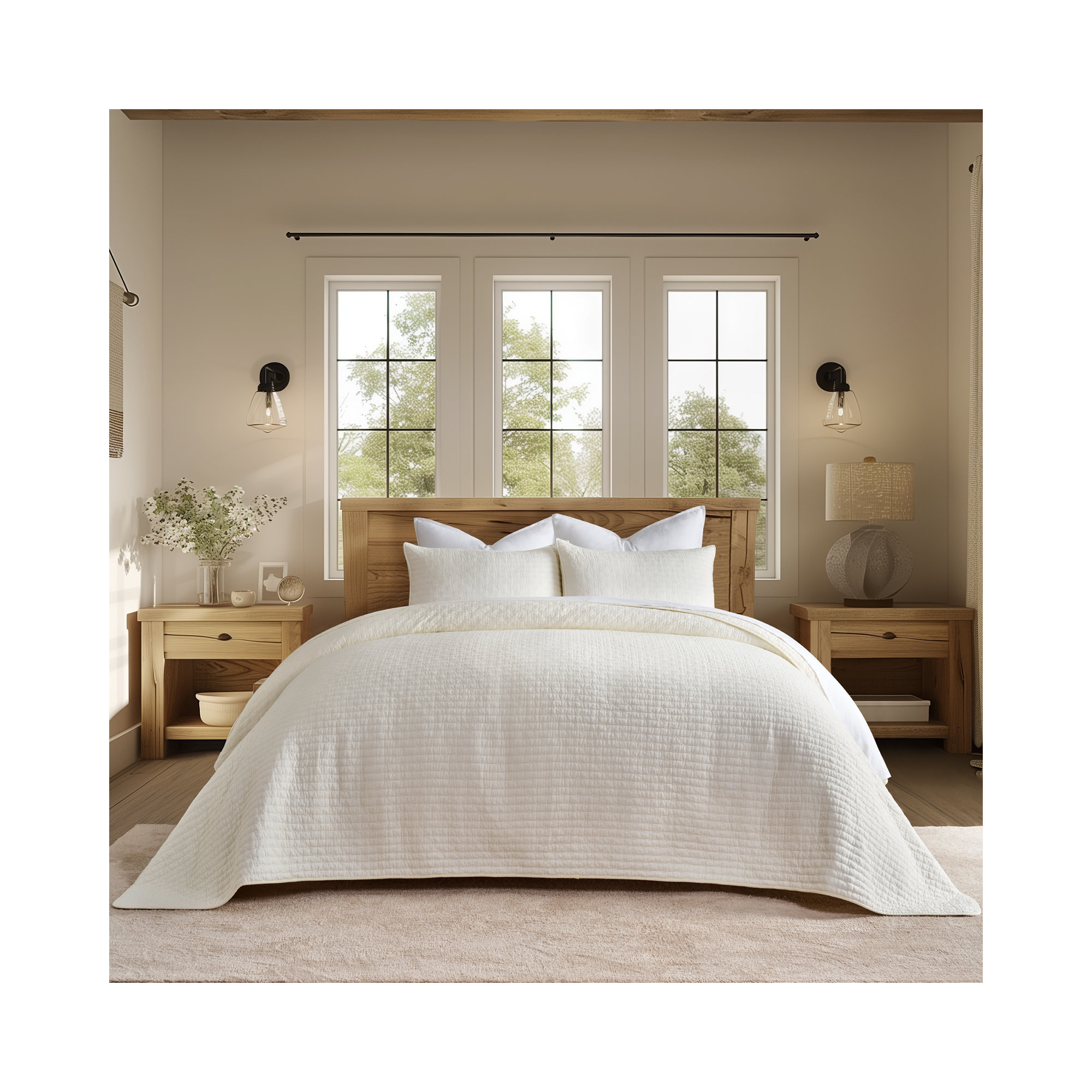 Cross Stitch Cotton Quilt set, Ivory White, Queen
