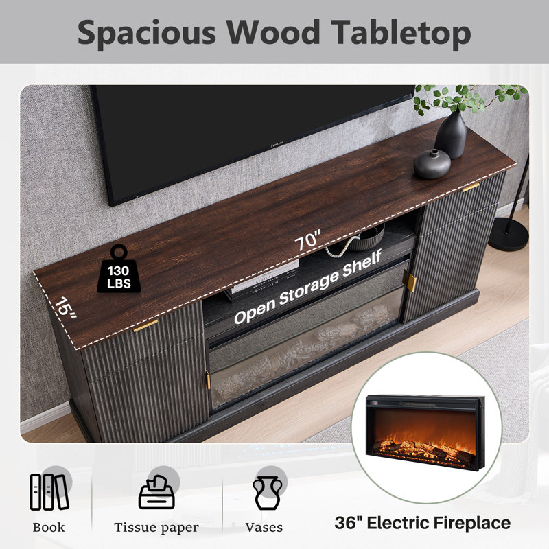 70 inch TV stand with grooved fireplace, adjustable and equipped with drawers, featuring overheat safety protection device
