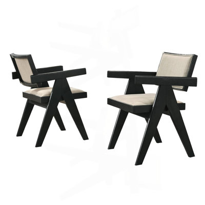 Set Of 2 Dining Arm Chairs With Beige Upholstered Seat