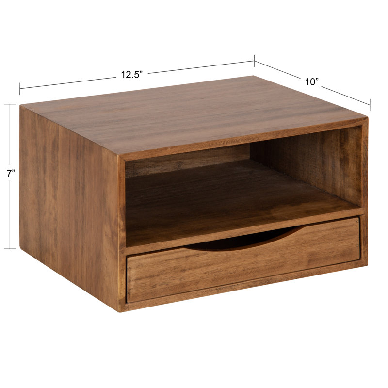 Adeana Poplar Solid Wood Floating Shelf with Drawer, Rustic Brown