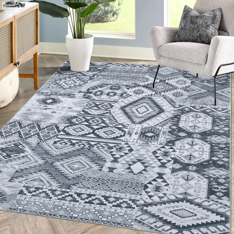 Machine Washable Area Rug Bohemian Rugs for Living Room Low Pile Non-Shedding Vintage Carpet for Bedroom Dining Home Office