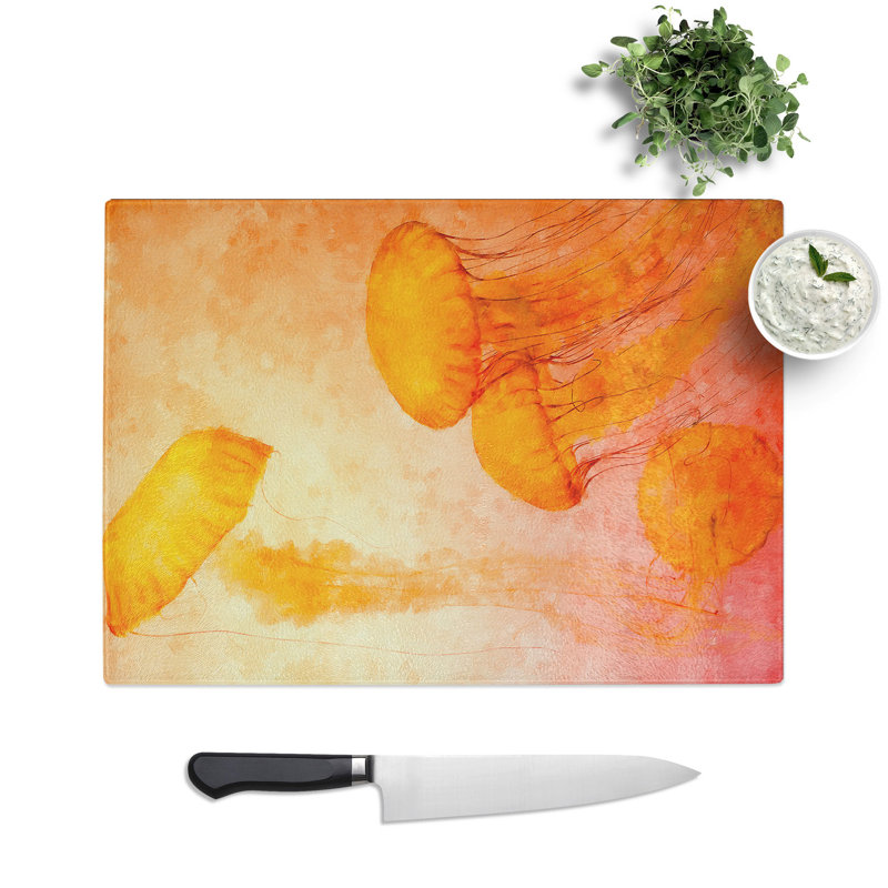 Tempered Glass the Orange Jellyfish Chopping Board, 28.5 cm x 39 cm