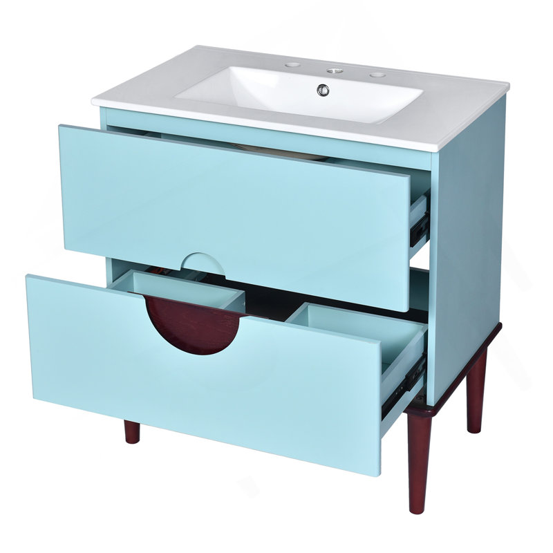 Ensemble de meuble-lavabo 30 po avec lavabo en céramique, meuble de rangement moderne avec cadre en bois et 2 tiroirs, bleu