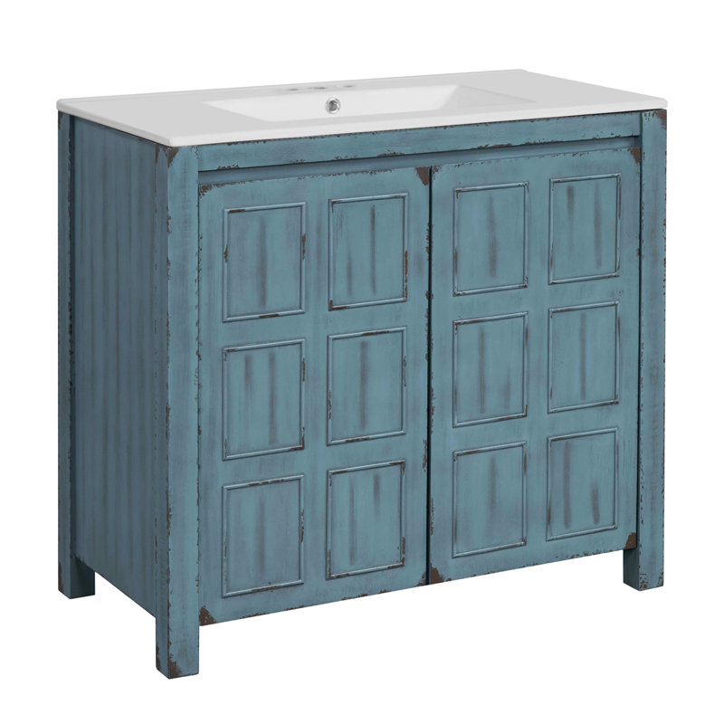 36 " Bathroom Vanity Organizer with Ceramic Sink, Retro Blue