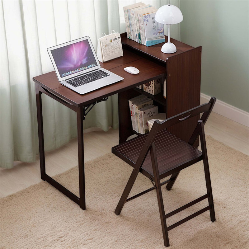 Bureau pliant en bambou avec rangement caché et prise intégrée, idéal pour les petits espaces et le bureau à domicile