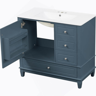 Meuble-lavabo autoportant avec tablettes et 3 tiroirs en céramique