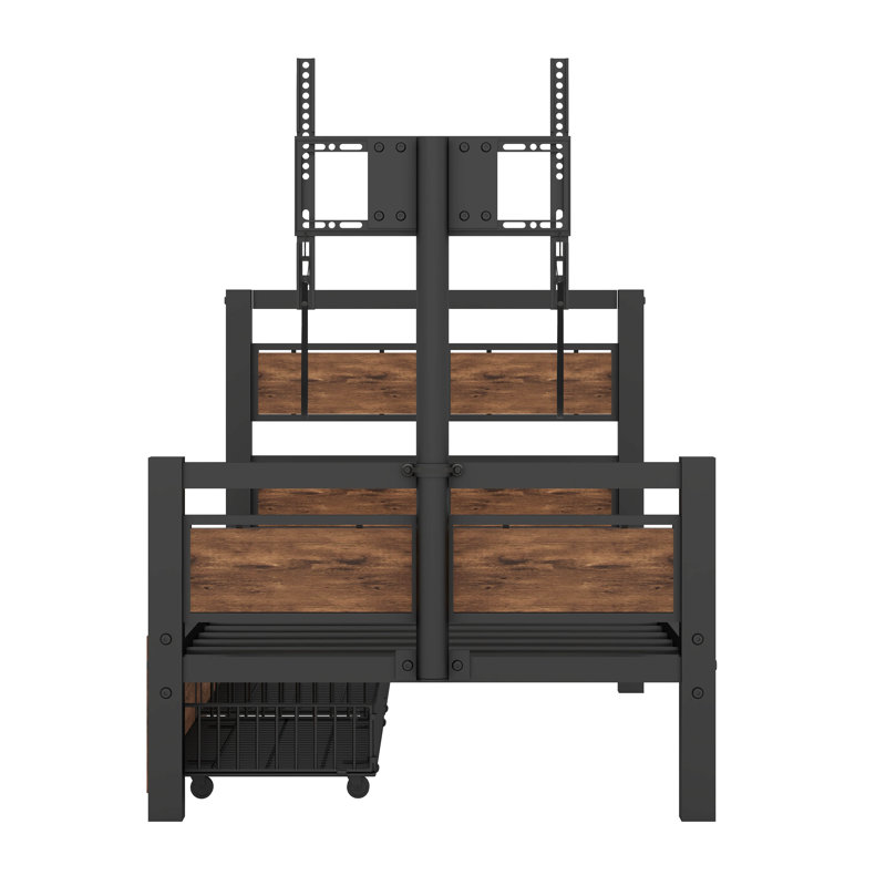 Metal Twin Platform Bed with Two Storage Drawers and Rotatable TV Stand, Black