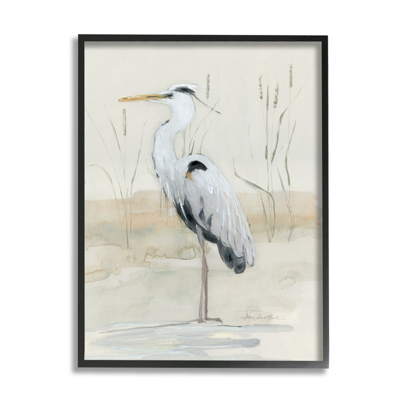 Au-393, jet d'encre, héron, berge, aquarelle, Giclée encadrée noir minuit, H 14 po x l 11 po x P 1,5 po