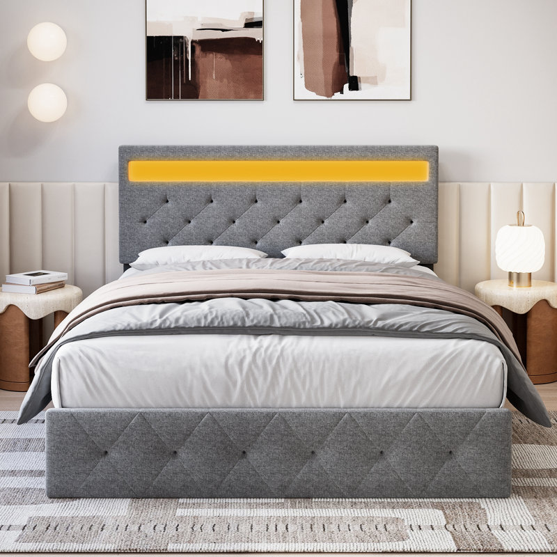 Bed Frame With LED Lights Headboard, Fast-Charging USB Port, Full, Gray