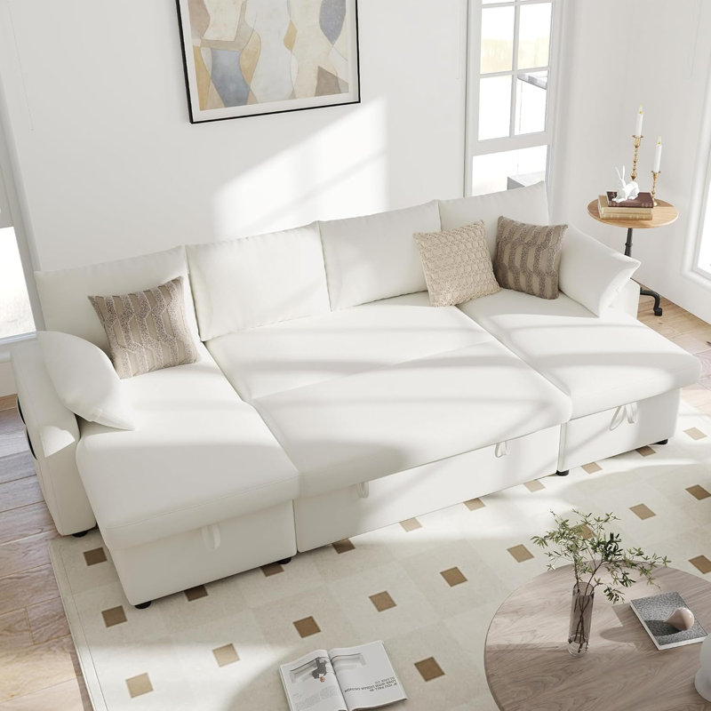 Canapé-lit escamotable en U 104 po en chenille beige avec méridienne de rangement