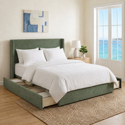 Modern Wingback Upholstered Platform Bed Frame with 4 Plastic Storage Drawers, Soft Corduroy Fabric, Sturdy Wood & Metal Construction, No Box Spring Needed, Easy Assembly