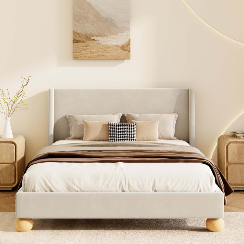 Ariadnna Upholstered Platform Bed, King, Cream