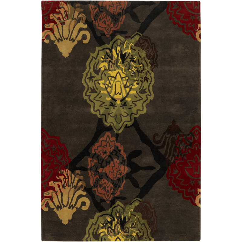 Tapis vert / gris / rouge en laine touffeté à la main à motif floral Fayetteville, Rectangulaire 2 pi x 3 pi