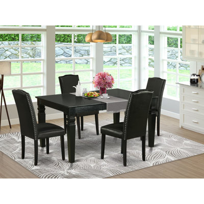 5 Piece Modern Dining Table Set Includes a Rectangle Wooden Table with Butterfly Leaf and 4 Black Faux Leather Parsons Dining Chairs, Black