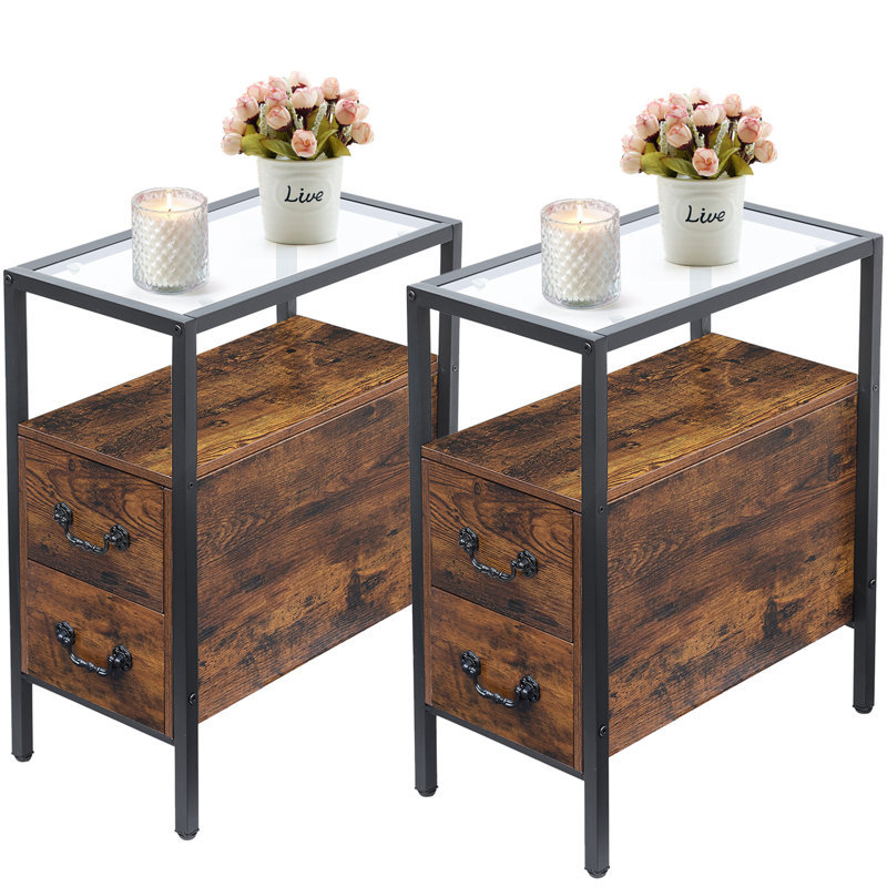 Set of 2 Brown Narrow End Tables with Drawers and Open Shelf, Modern Industrial Nightstands with Storage for Bedroom, Sofa Side or Small Spaces