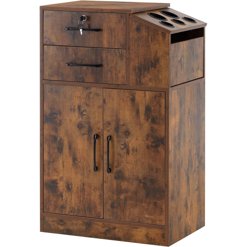 Lockable Barber Tool Cabinet Beauty Salon Storage with Holders for Hair Stylist, Brown