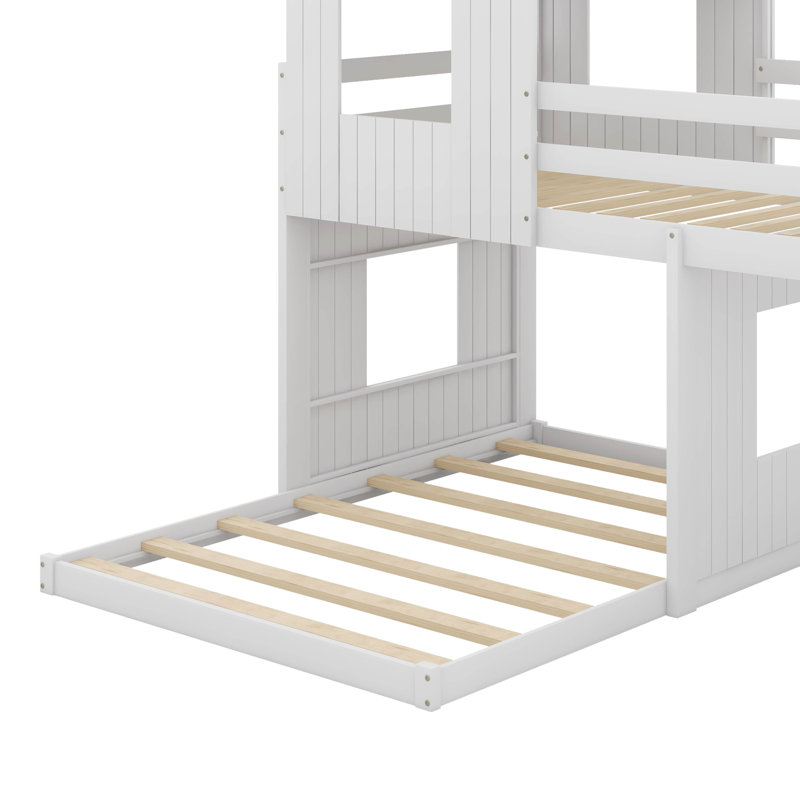Lit superposé simple en bois sur lit double, lit mezzanine avec maisonnette, maison de campagne, échelle et garde-corps