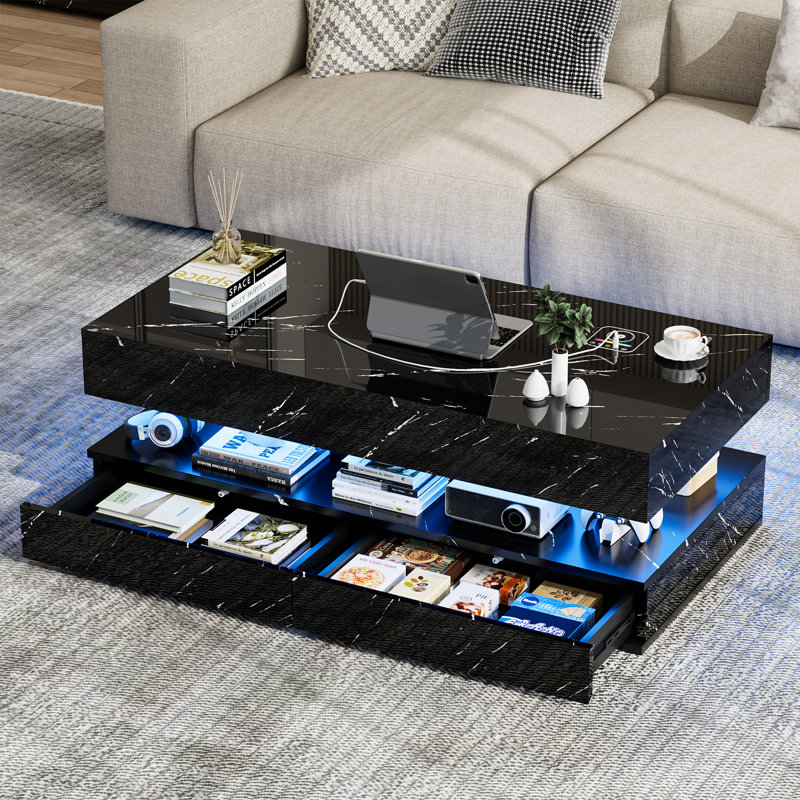 Table basse moderne ultrabrillante avec 2 tiroirs coulissants, lumières DEL de 16 couleurs, charge sans fil et haut-parleur intégré, grande table basse DEL brillante de 47 pouces