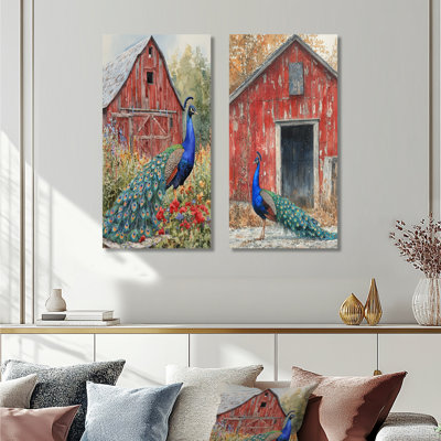 «Peacock At The Farm Garden I», art sur toile 2 panneaux