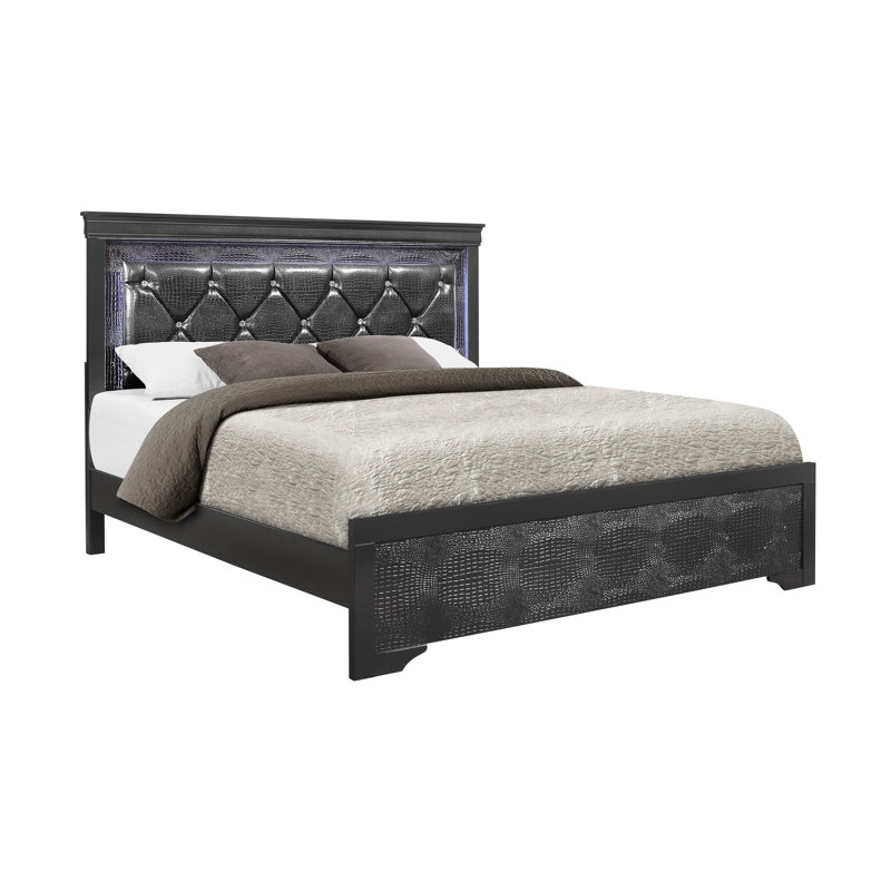 Grand lit moderne gris Shaker de style moderne avec éclairage à DEL et tête de lit rembourrée d'inspiration cristal, bois massif + lit, structure en bois d'hévéa pour la chambre à coucher, revêtement en similicuir, sommier