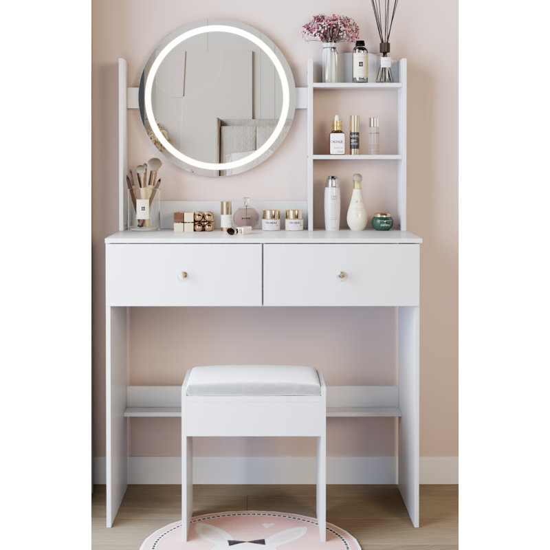 Ensemble de coiffeuse à miroir rond 17 po à DEL avec ensemble de tabourets rembourrés, grand miroir de maquillage, interrupteur à commande tactile, 3 lumières colorées et luminosité réglable, plateau de table spacieux, rangement multi-couches à grande capacité, idéal pour les petits espaces