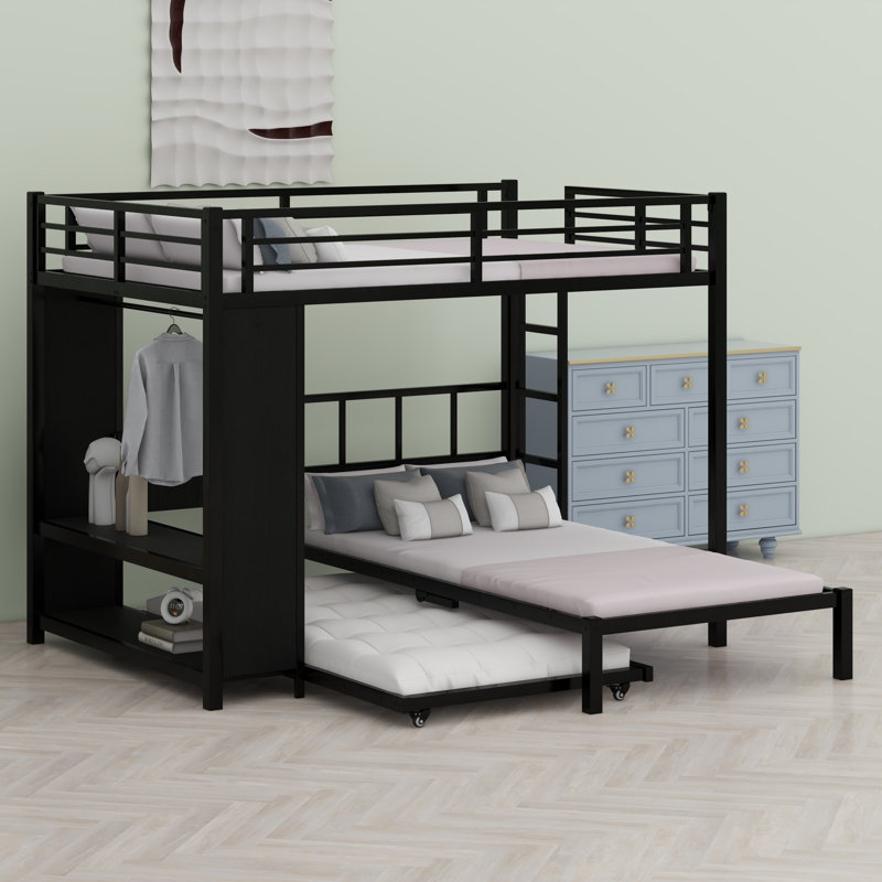 Lit superposé avec garde-robe intégrée, lit gigogne et bureau pliable, Double sur simple
