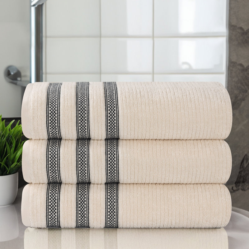 Emiliah Zero Twist Cotton Ribbed Modern Geometric Border Plush Soft Highly-Absorbent Bath Towel Set, Ivory