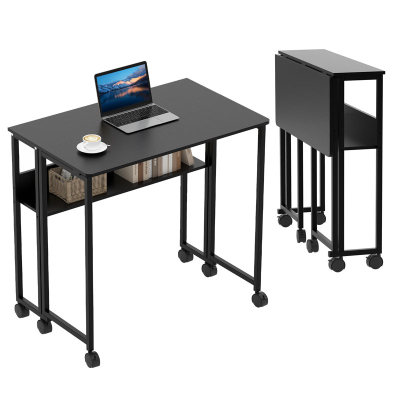 Petit bureau à roulettes pliable avec tablette de rangement, table d'ordinateur pliable de 31,5 pouces pour les petits espaces, table de canapé peu encombrante avec roulettes pour le bureau personnel, bureau, assemblage facile, noir