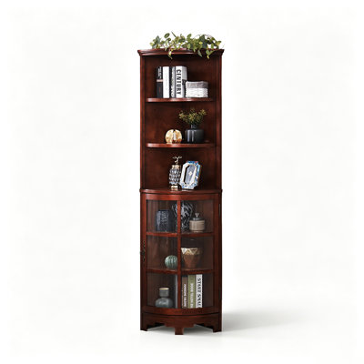 Freestanding Corner Curio Cabinet with Tempered Glass and Wooden Feet