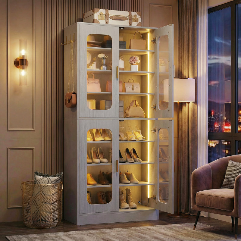 8-Tier Shoe Cabinet With LED Lighting And Adjustable Shelves, Gray