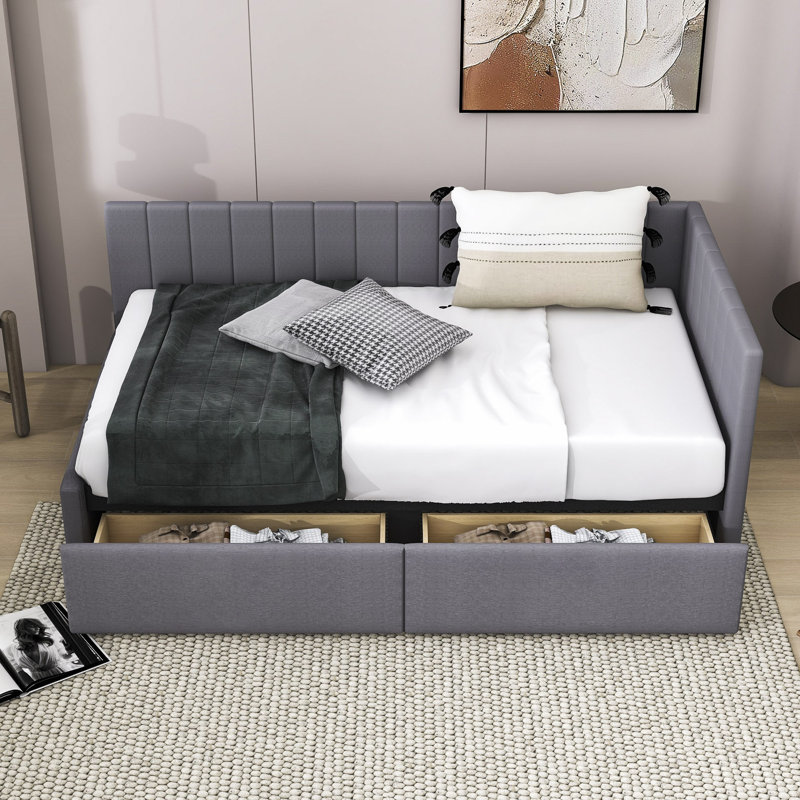 Upholstered Daybed With 2 Storage Drawers, Gray, Twin