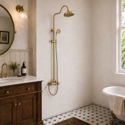 Height Adjustable Brass Wall Mounted Rain Shower System with Handheld Shower