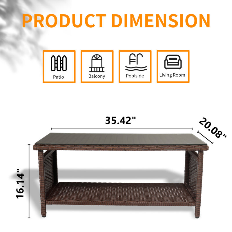 2-Layer Brown Outdoor Wicker Coffee Table With Glass Tabletop
