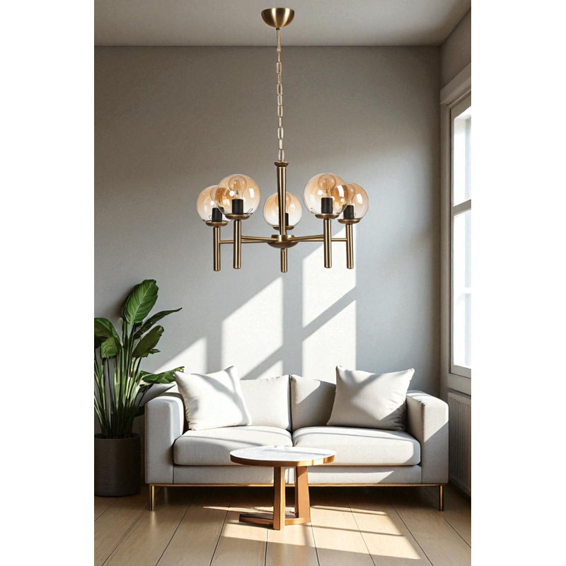Lustre élégant en métal, finition miel et or, 29,5 po x 5,9 po | Hauteur réglable, 5 x douilles E27 (40 W maximum) | pour la salle à manger et les espaces de vie, conception élégante, indice de protection IP20, ampoule non incluse