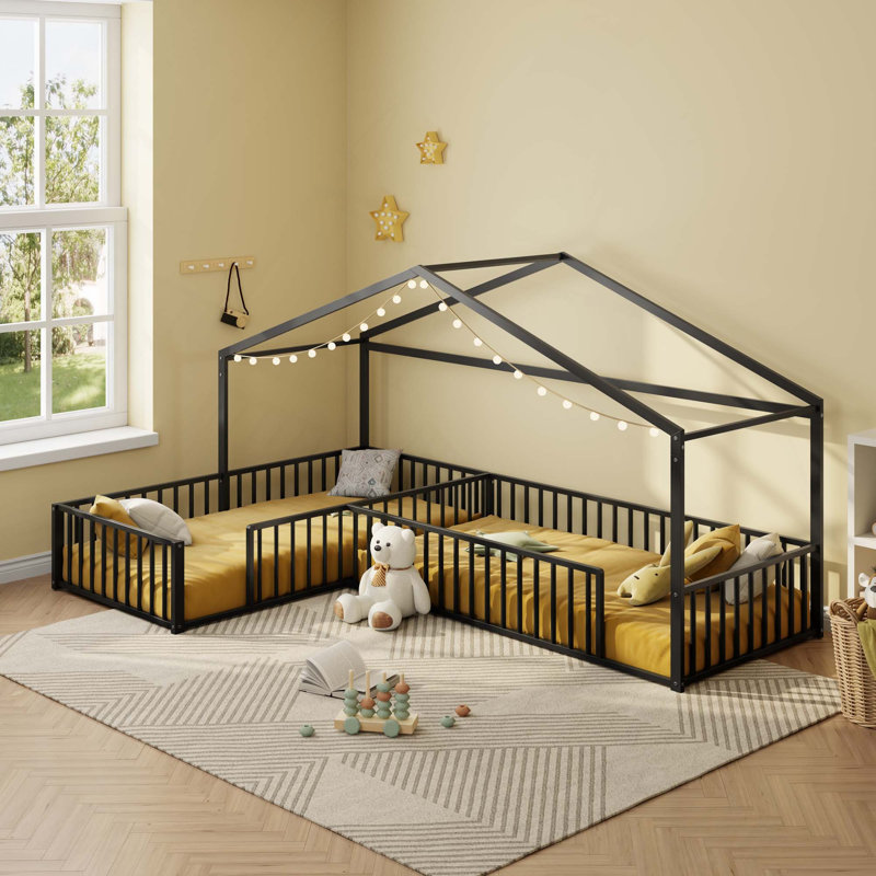 Structure de lit d'angle double en L avec clôture, sans lattes, Black