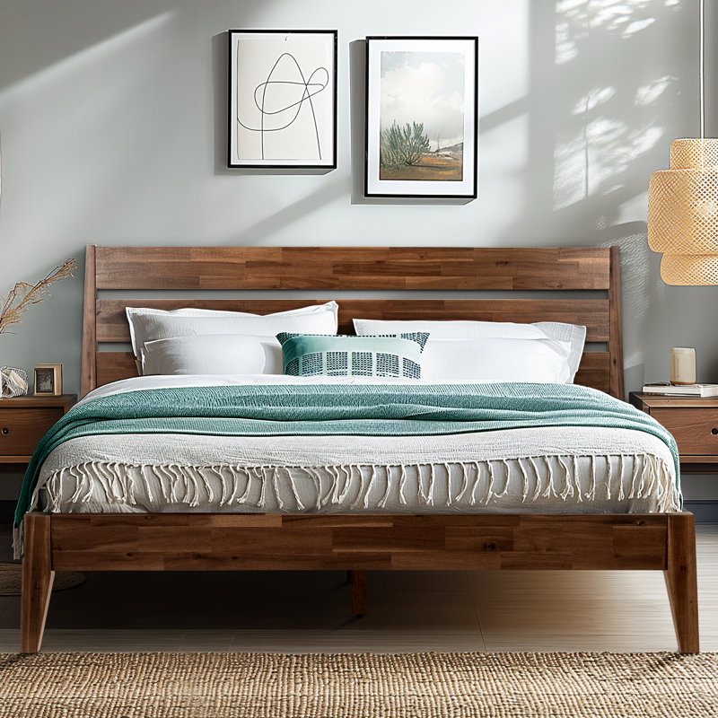 Acacia Christoper Premium Solid Wood Bed Frame, Platform Bed with Headboard Included, Mid century Modern Wood Bed, No Box Spring Needed, Fits All Mattresses