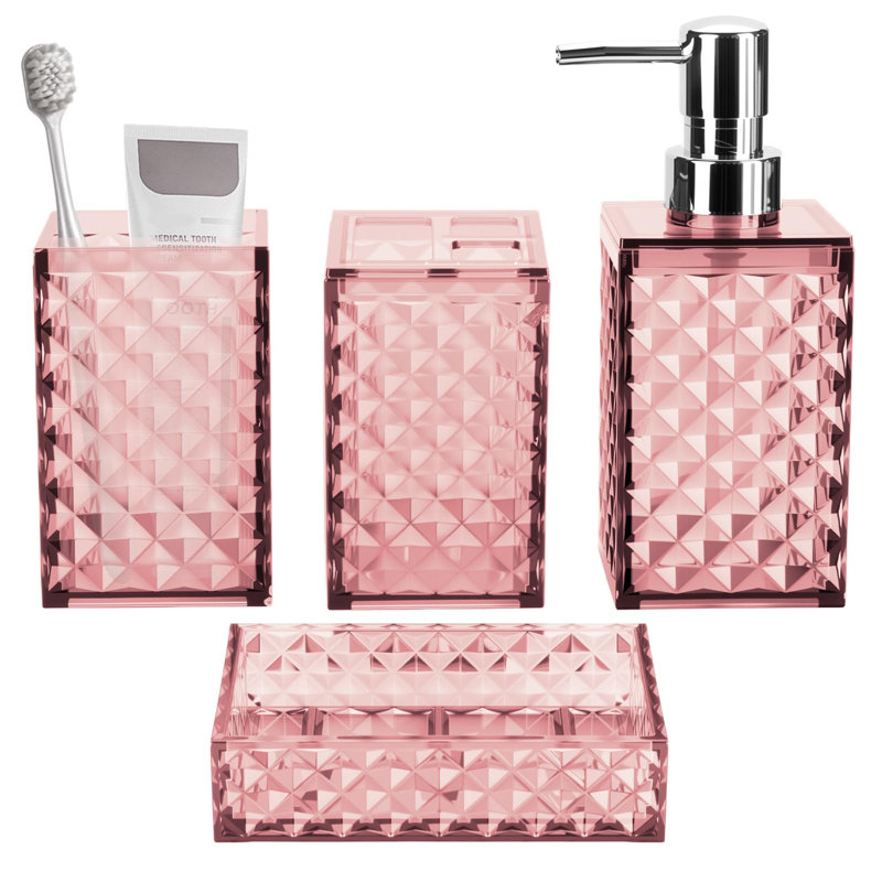 Ensemble d'accessoires de salle de bain, ensemble de salle de bain en plastique à motif quadrillé 4 pièces avec distributeur de savon, porte-brosse à dents, porte-brosse à dents, ensemble de décoration moderne Bahtroom (rose)