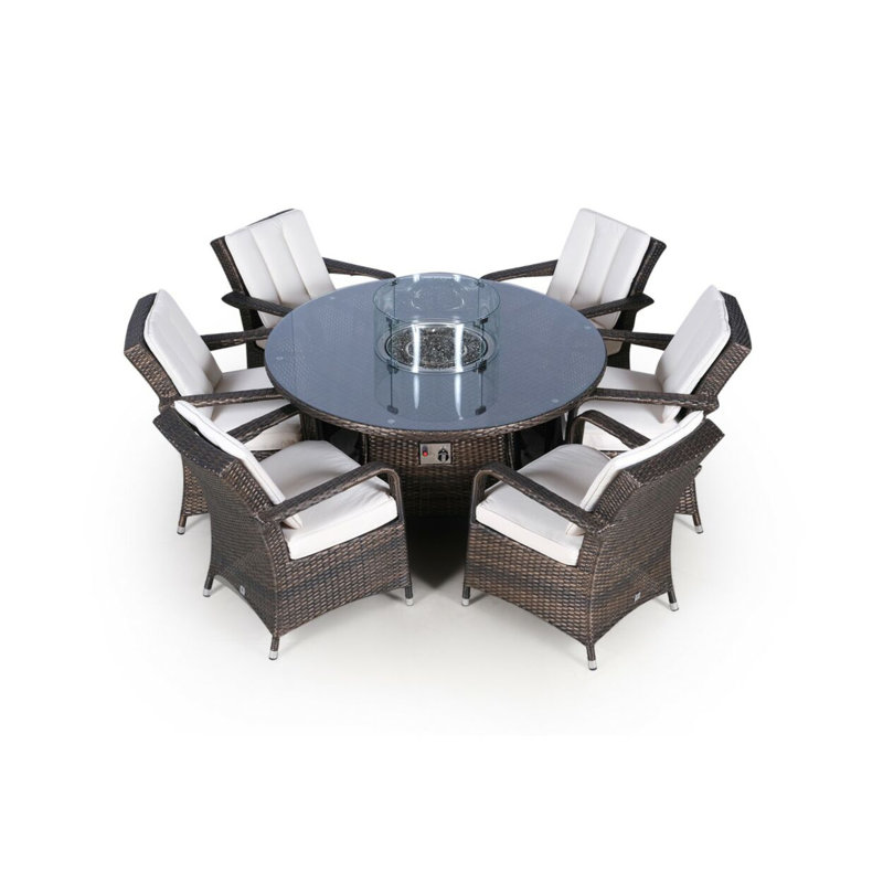 Ouellette 6 - Person Wicker Patio Dining Set with Round Table , Cushions Included, Brown, Beige