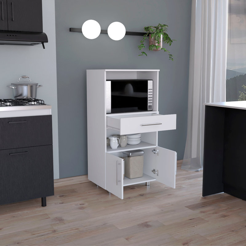 Kitchen Pantry H 48 ", deux tablettes de rangement ouvertes, une pour le micro-ondes, deux portes, quatre pieds