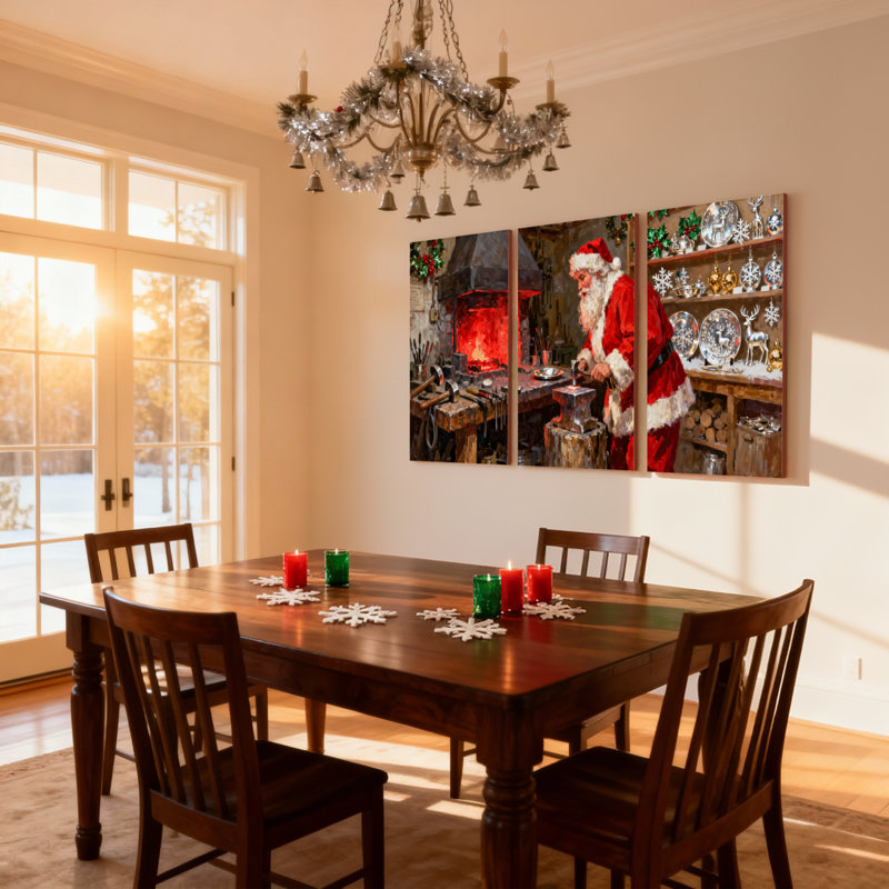 Ensemble de 3 reproductions d'art sur toile, jouets de Noël en atelier avec feu et outils, H 30 po x l 60 po