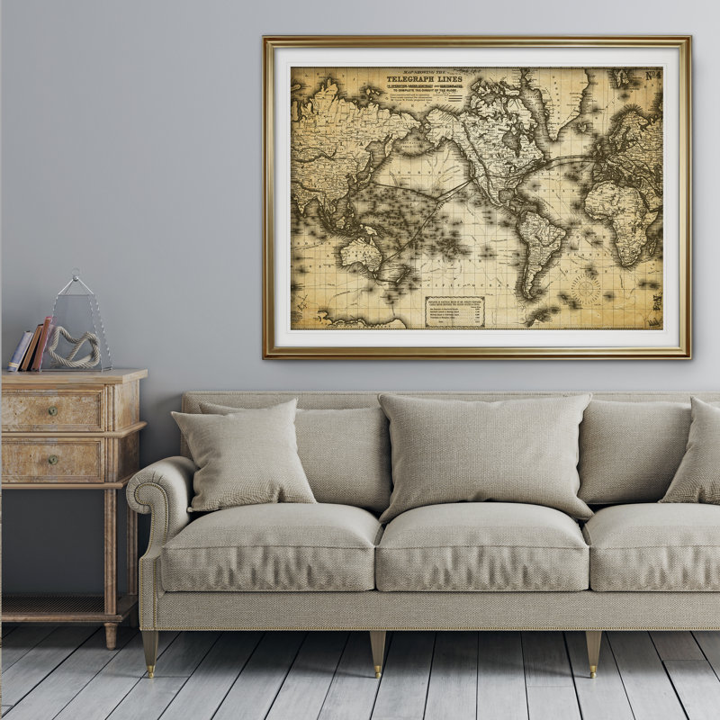Carte du monde rétro, impression sur l’image vii', Or, H 31 po x l 43 po x P 1,5 po