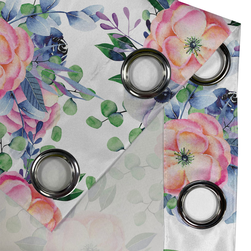 East Urban Home Floral Design Grommet Curtain Peony Lilac Pattern Coral Fern Green Cream, 50" W x 108" L