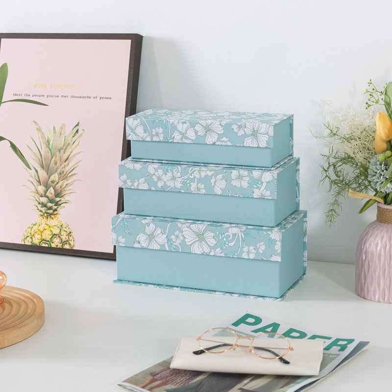 Boîtes de rangement décoratives avec couvercles, ensemble de 3 boîtes en carton pour la décoration intérieure et les documents, organisateurs de souvenirs pour souvenirs avec fermeture magnétique, rangement pour photos, botanique bleu