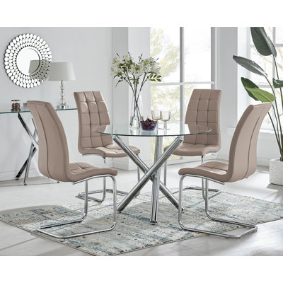Seline Modern Round Dining Table Set in Glass and Chrome with 4 Modern Faux Leather Dining Chairs