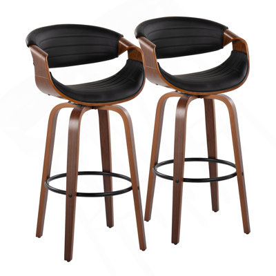 Tabouret de bar de style Mid-Century moderne pivotant de 30 po avec pivot en bois de noyer et similicuir noir avec repose-pieds rond en métal noir Symphony de Lumisource - ensemble de 2