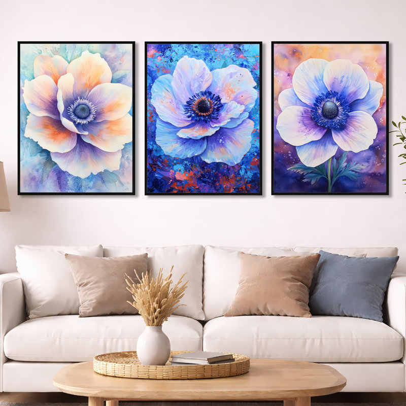 «Aqua Shimmering Serenade of Anemone - Purple Poppies», reproduction sur toile encadrée 3 pièces, 32" H x 72" W